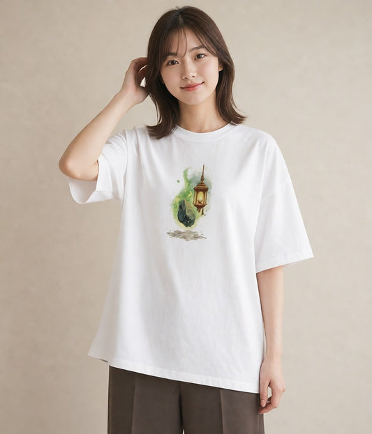 Tシャツ レディース 街灯 夜霧 夜 ナチュラル アンティーク イラスト ゆるかわ 姉妹 送別ギフト 白T