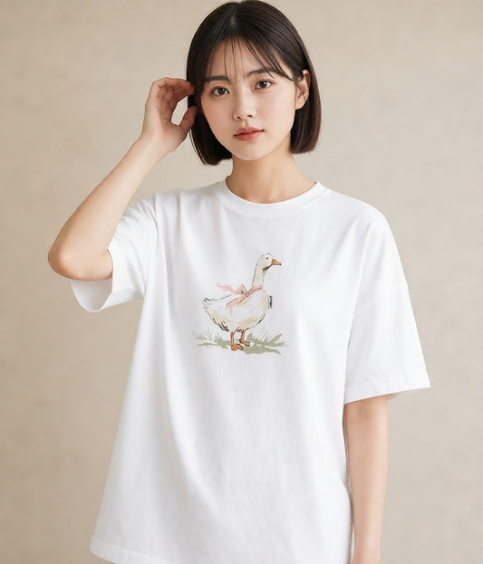 半袖Tシャツ レディース ハクチョウ 動物 アニマル イラスト ゆるコーデ 夏コーデ 通学 白T