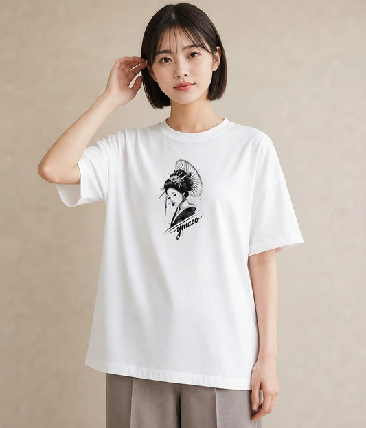 プリントTシャツ レディース 扇子 そよ風 ナチュラル アンティーク イラスト こなれ感 在宅 公園 白T