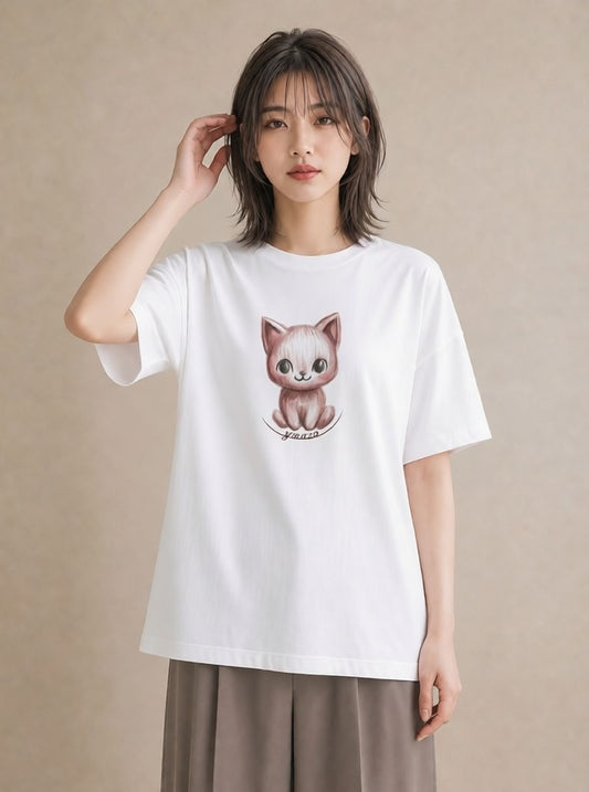 半袖Tシャツ レディース ニャンコ 猫 ねこ イラスト 個性的 デート 帰省 白T