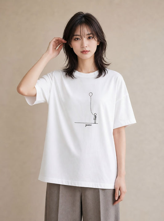 デザインTシャツ レディース 紙風船 和紙 ナチュラル アンティーク イラスト 韓国風 ラフ レイヤード 白T