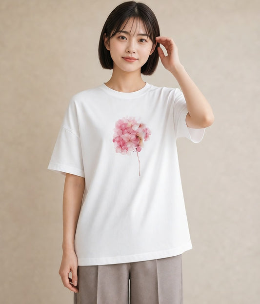 半袖Tシャツ レディース あじさい 紫陽花 アジサイ 花 花柄 イラスト 抜け感 誕生日プレゼント 綿100 白T