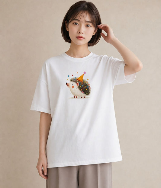 半袖Tシャツ レディース ハリネズミ ペット 動物 イラスト ガーリー 休日 ペアコーデ 白T