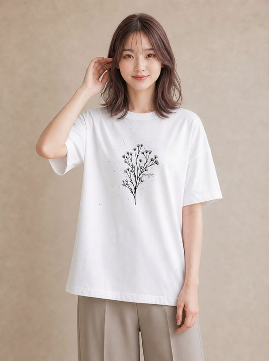デザインTシャツ レディース 小花 花 フラワー イラスト カフェコーデ 在宅 公園 白T
