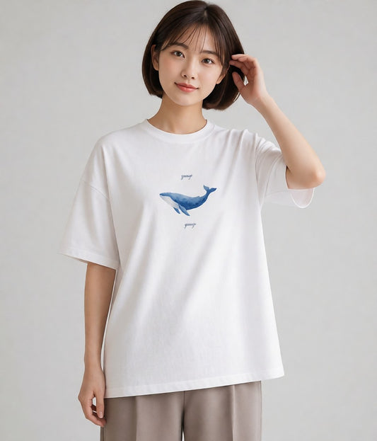 プリントTシャツ レディース ジンベエザメ 海の生き物 海 イラスト ゆるコーデ ペアコーデ 秋コーデ 白T