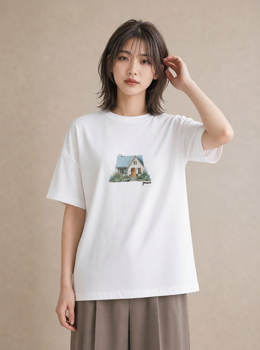 Tシャツ レディース 灯りの家 小屋 夜 ナチュラル アンティーク イラスト 上品 海 カフェ巡り 白T