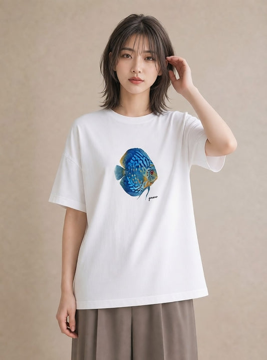 Tシャツ レディース 熱帯魚 ペット 動物 イラスト 上品 ラフ レイヤード 白T