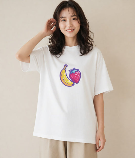 Tシャツ レディース バナナ 食べ物 フード イラスト 休日コーデ 公園 ママ 白T