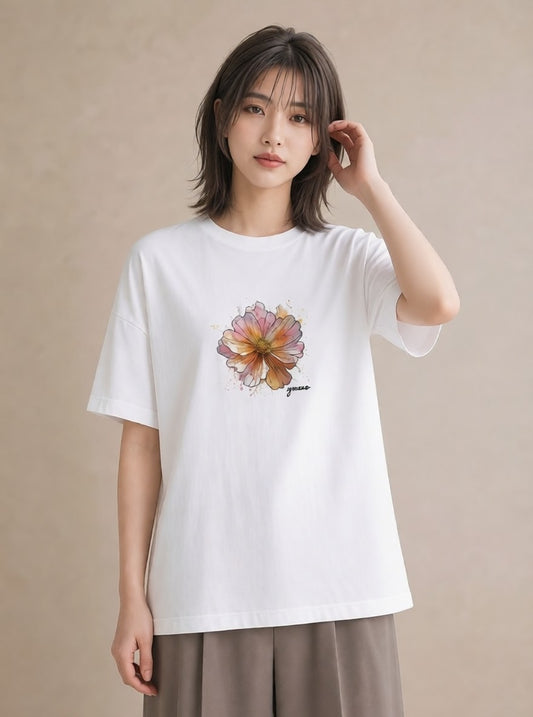 半袖Tシャツ レディース コスモス 秋桜 花 花柄 イラスト 淡色 在宅 公園 白T