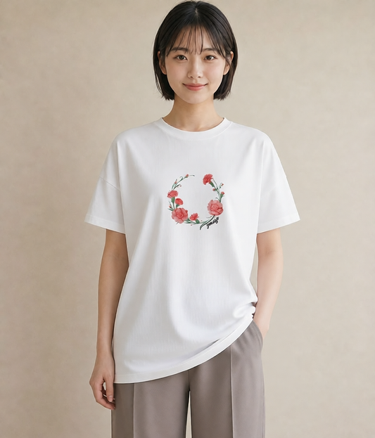 プリントTシャツ レディース カーネーション 花 花柄 イラスト モード 買い物 夏コーデ 白T