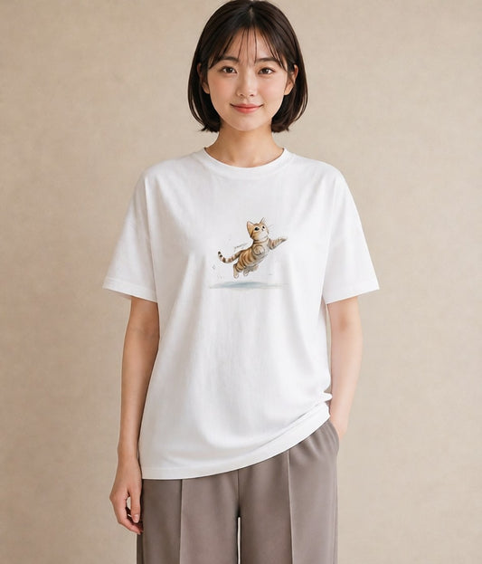 デザインTシャツ レディース 茶トラ 茶猫 猫 ねこ イラスト ヴィンテージ風 海 カフェ巡り 白T