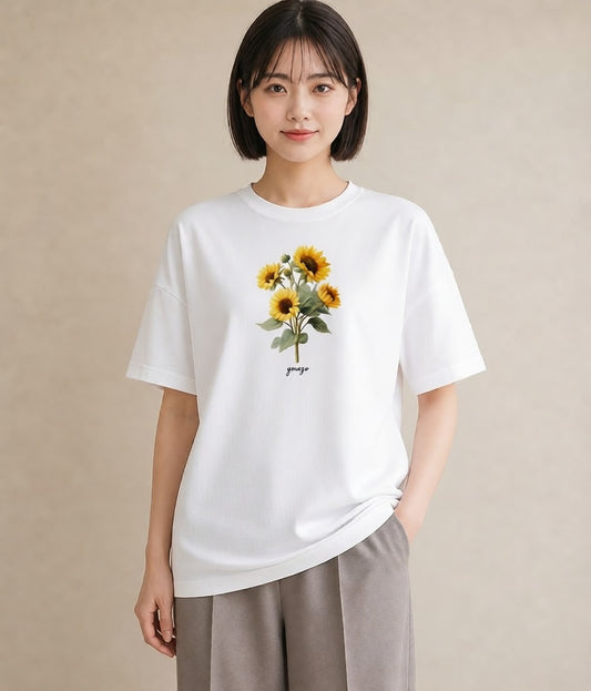 デザインTシャツ レディース ひまわり 向日葵 花 花柄 イラスト ラフカジュアル 部屋着 女性向けギフト 白T