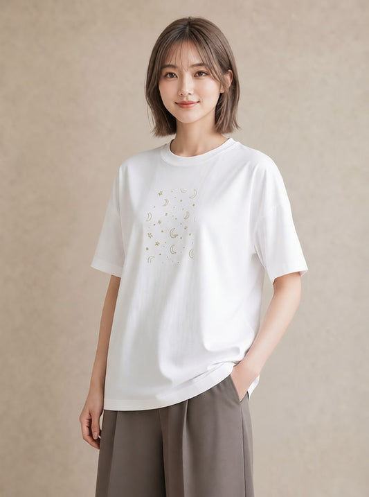 プリントTシャツ レディース 月と星 星空 ムーン イラスト フェミニン 敬老の日 ホワイトデー 白T