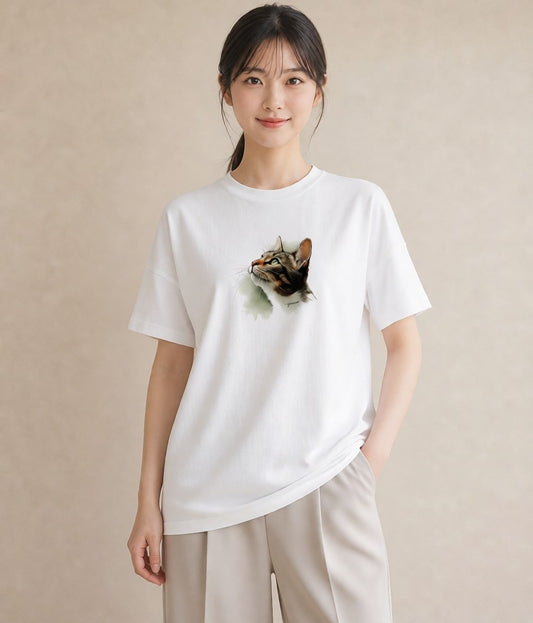 グラフィックTシャツ レディース ぶち猫 猫 ねこ イラスト アート風 女性向けギフト 散歩 白T