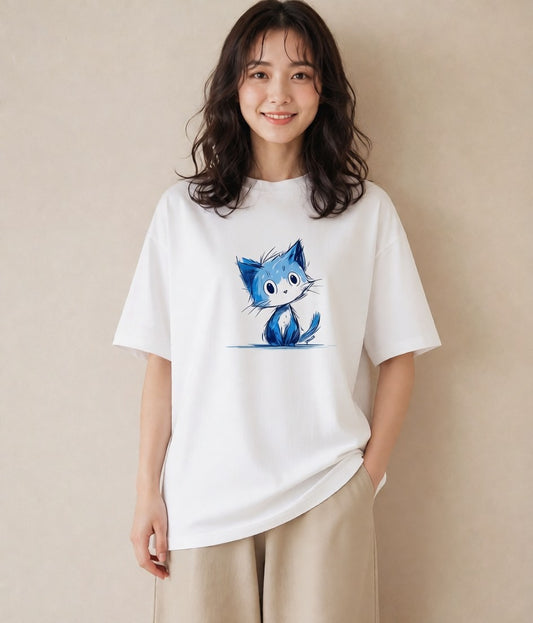 グラフィックTシャツ レディース ロシアンブルー 猫 ねこ イラスト ナチュラル ビーチ デイリーウェア 白T