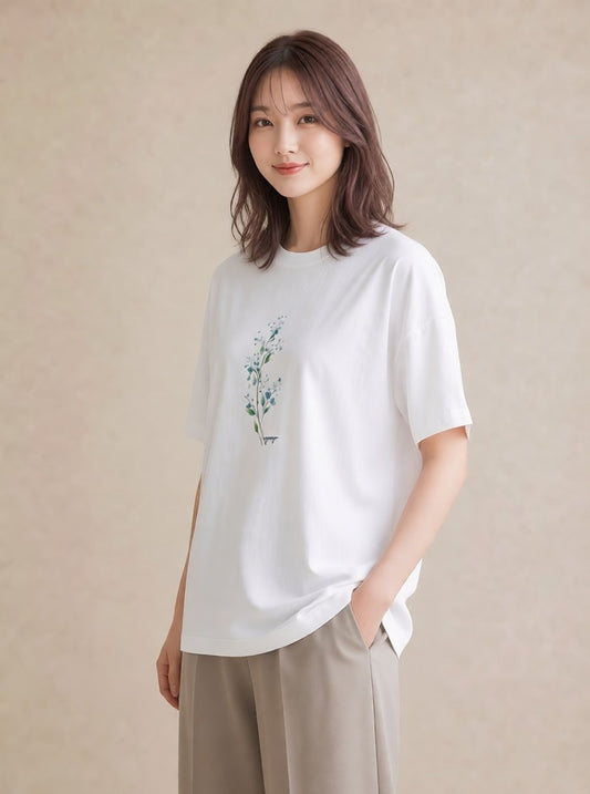 Tシャツ レディース カスミソウ かすみ草 花 花柄 イラスト ゆるコーデ 送別ギフト 通勤 白T