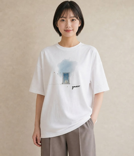 半袖Tシャツ レディース 遠い家と鳥 風景 鳥 ナチュラル アンティーク イラスト お出かけ 普段着 白T