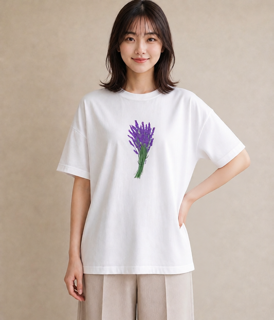 デザインTシャツ レディース ラベンダー 花 花柄 イラスト 個性的 カフェ服 クリスマス 白T