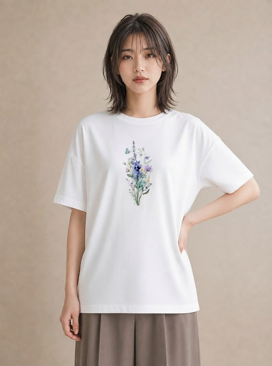 プリントTシャツ レディース ポスト 野の花 レトロ ナチュラル アンティーク イラスト ユニーク 女性向けギフト 散歩 白T