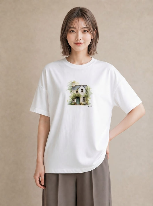 半袖Tシャツ レディース 湖畔の小屋 湖 小屋 ナチュラル アンティーク イラスト シック ラフ レイヤード 白T