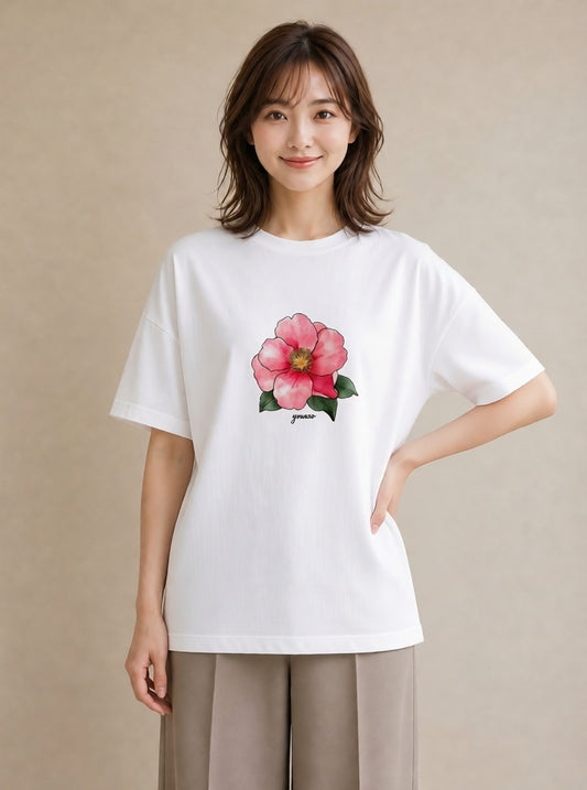 Tシャツ レディース 牡丹 花 花柄 イラスト ミニマル 買い物 夏コーデ 白T