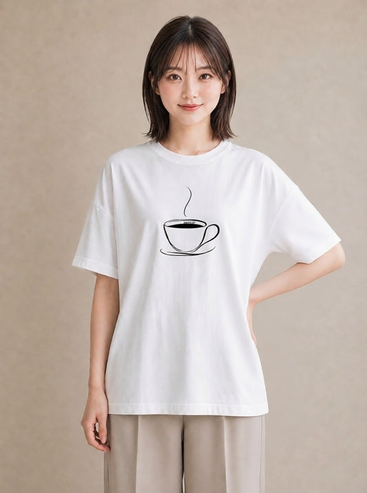 グラフィックTシャツ レディース コーヒー カフェ 珈琲 イラスト 淡色 通勤 在宅 白T