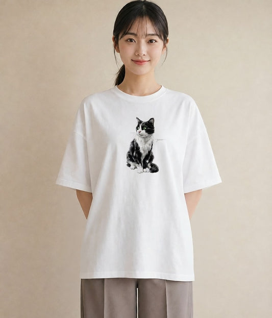 Tシャツ レディース メインクーン 猫 ねこ イラスト 淡色 通勤 在宅 白T