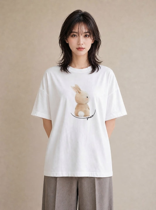 プリントTシャツ レディース うさちゃん ペット 動物 イラスト 韓国風 友達ギフト 部屋着 白T