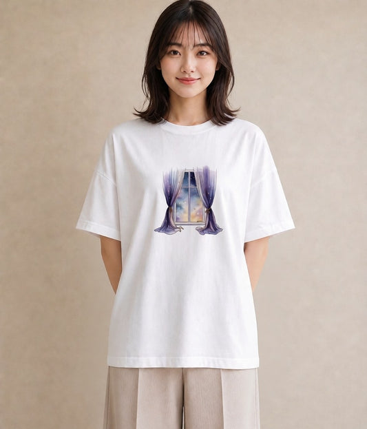 プリントTシャツ レディース 窓辺の雨 雨の日 窓 ナチュラル アンティーク イラスト カジュアル おしゃれギフト 社会人 白T