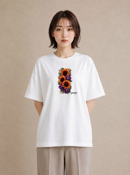 プリントTシャツ レディース ひまわり 向日葵 花 花柄 イラスト アート風 ルームウェア ギフト 白T