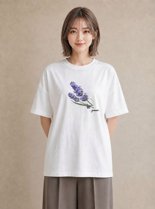 プリントTシャツ レディース ラベンダー 花 花柄 イラスト ペアコーデ 秋コーデ 白T