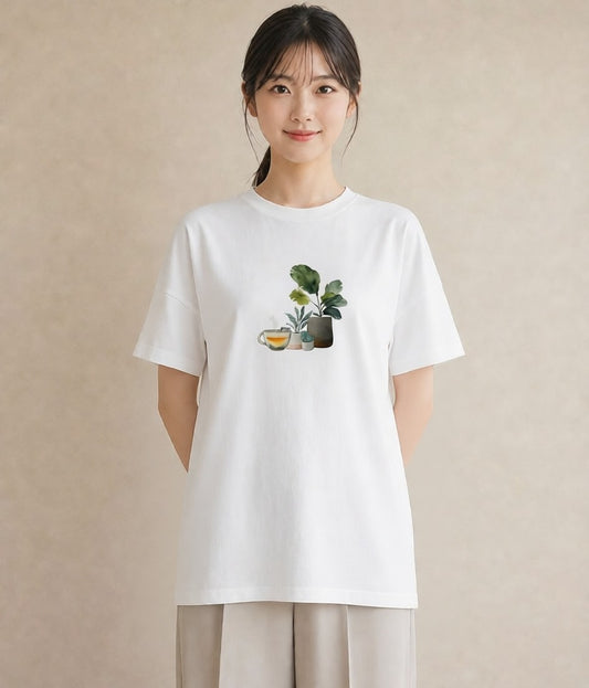 プリントTシャツ レディース 夕暮れ バルコニー 夕焼け ナチュラル アンティーク イラスト 個性的 カジュアルコーデ 買い物 白T