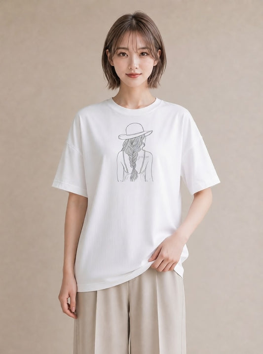 半袖Tシャツ レディース 女の子 ガール 後ろ姿 イラスト ヴィンテージ風 買い物 夏コーデ 白T