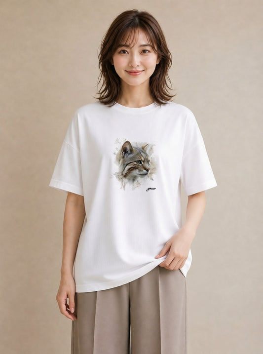プリントTシャツ レディース キジトラ 猫 ねこ イラスト 個性的 ラフ レイヤード 白T