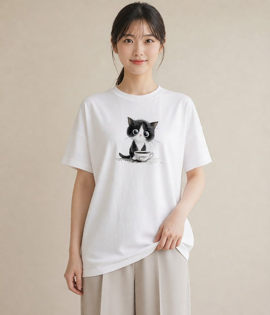 半袖Tシャツ レディース ハチワレ 白黒猫 猫 ねこ イラスト 抜け感 週末コーデ 敬老の日 白T
