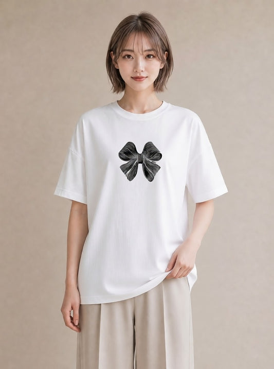 グラフィックTシャツ レディース リボン ボウ りぼん イラスト ラフ 休日 ペアコーデ 白T