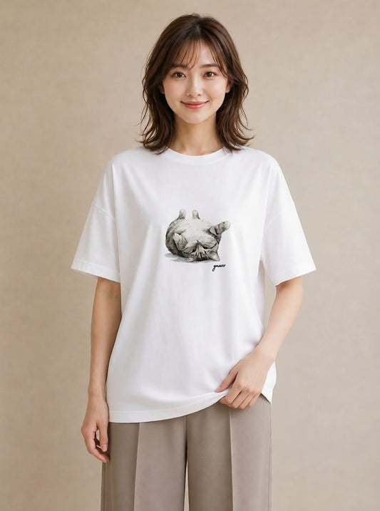 プリントTシャツ レディース ぶち猫 猫 ねこ イラスト ラフカジュアル 週末コーデ 敬老の日 白T