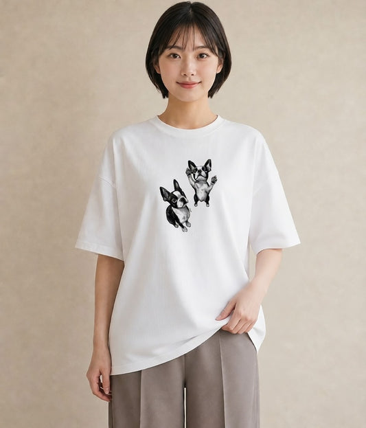 半袖Tシャツ レディース ボストンテリア 犬 いぬ イラスト ヴィンテージ風 秋コーデ おしゃれギフト 白T