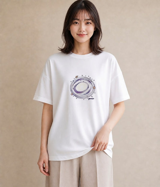 半袖Tシャツ レディース 満月 星空 宇宙 イラスト 手描き風 ペアコーデ 秋コーデ 白T