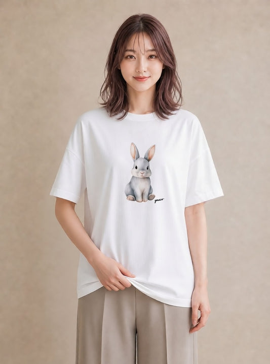 グラフィックTシャツ レディース ライオンラビット ペット 動物 イラスト ニュアンス カフェ巡り 女子会 白T