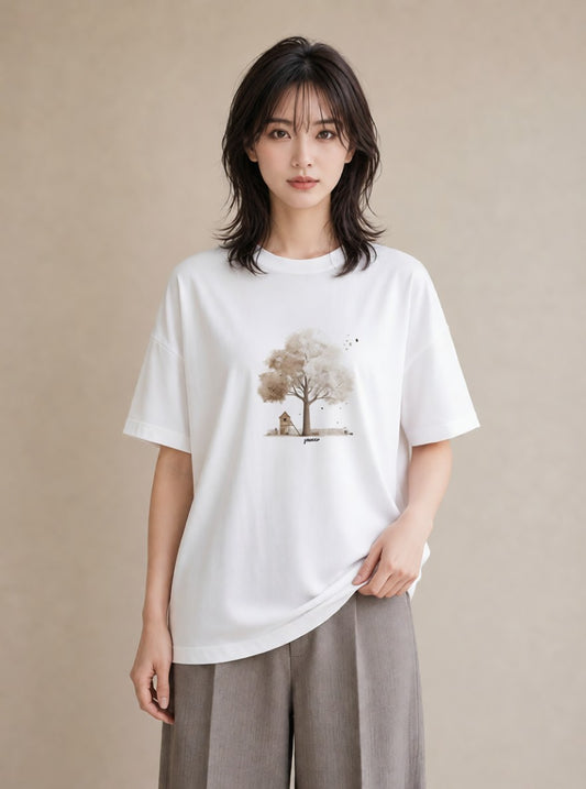 半袖Tシャツ レディース 青の水彩 風景 ブルー ナチュラル アンティーク イラスト ニュアンス 自分用 ルームウェア 白T