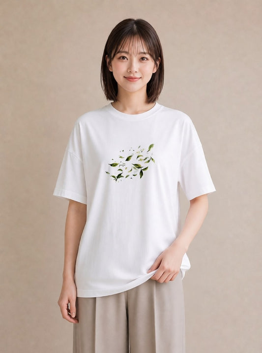 グラフィックTシャツ レディース 新緑 植物 ボタニカル イラスト アート風 普段着 週末コーデ 白T