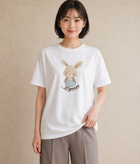 半袖Tシャツ レディース ミニうさぎ ペット 動物 イラスト 線画 ラフ レイヤード 白T