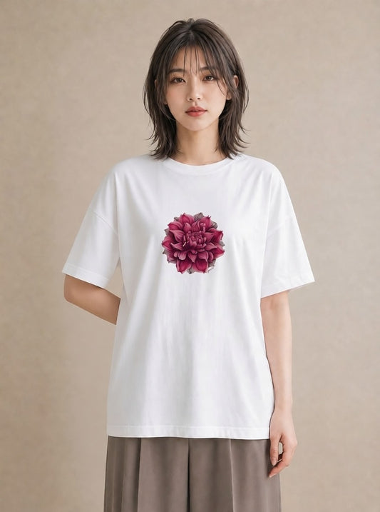 プリントTシャツ レディース 椿 花 花柄 イラスト レトロ ラフ レイヤード 白T
