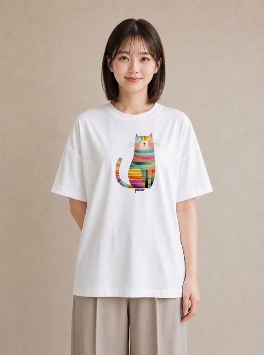 半袖Tシャツ レディース ねこ 猫 ネコ イラスト カフェコーデ 送別ギフト 通勤 白T