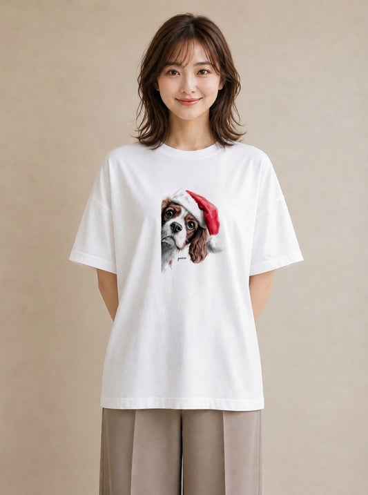 半袖Tシャツ レディース キャバリア 犬 いぬ イラスト 上品 ママ カフェ服 白T