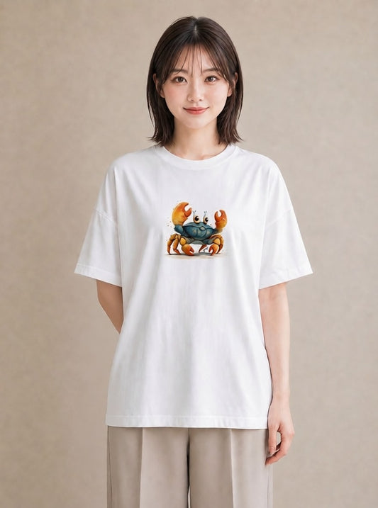 半袖Tシャツ レディース ヤドカリ 海の生き物 海 イラスト フェミニン ママ カフェ服 白T