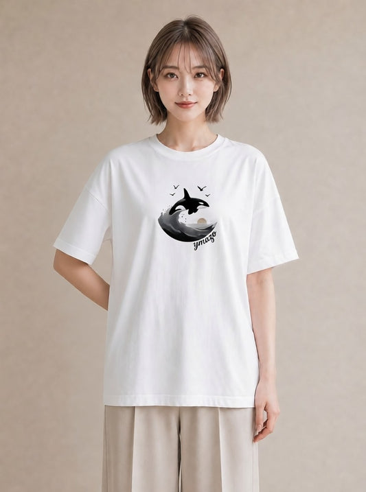 半袖Tシャツ レディース シャチ 海の生き物 海 イラスト 個性的 夏コーデ 通学 白T