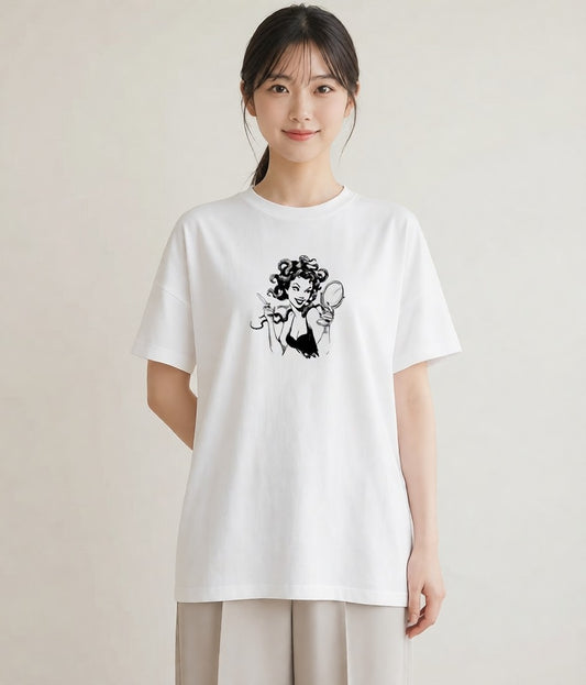Tシャツ レディース 手鏡 アンティーク レトロ ナチュラル イラスト 北欧風 帰省 ラフ 白T