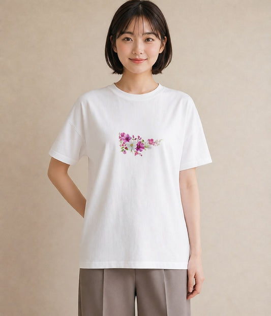 半袖Tシャツ レディース コスモス 秋桜 花 花柄 イラスト ミニマル 誕生日プレゼント 綿100 白T
